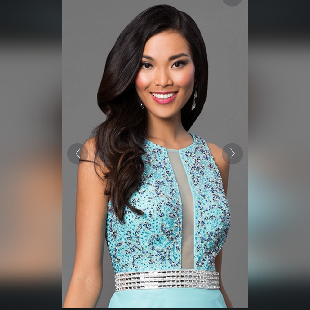 Dave and Johnny Chiffon Beaded Sequins Sheer Panel Cutouts Aqua Dress Size 4 - Picture 3 of 10